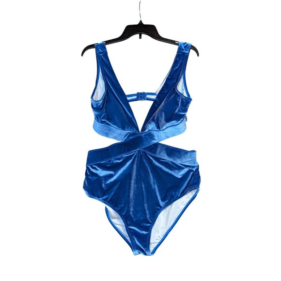 Velvet Blue Monokini Swimsuit With Plunge Neck & Cutouts - Cupshe L - Picture 2 of 7